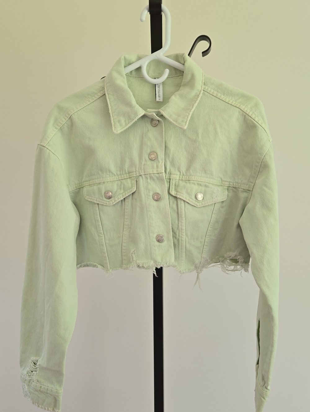 Zara Cropped Distressed Denim Jacket - Pale Green